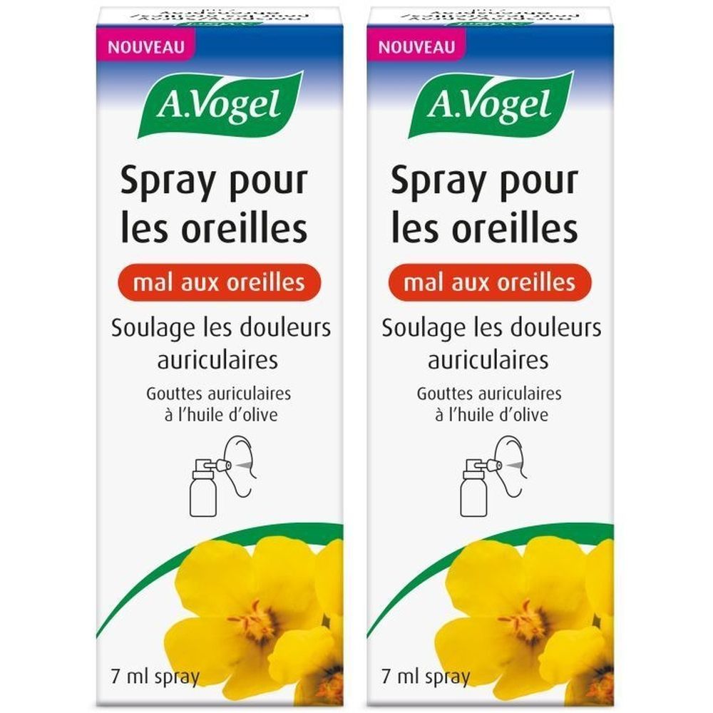 Deux boîtes de A. Vogel Spray pour les oreilles. Blanches, avec éléments verts et jaunes. Texte: Spray pour les oreilles, mal aux oreilles.