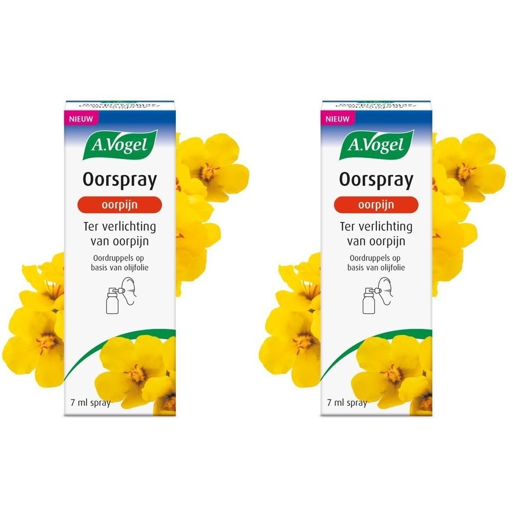 Twee verpakkingen A. Vogel Oorspray. Wit, met groene en gele elementen. Tekst: Oorspray, oorpijn.