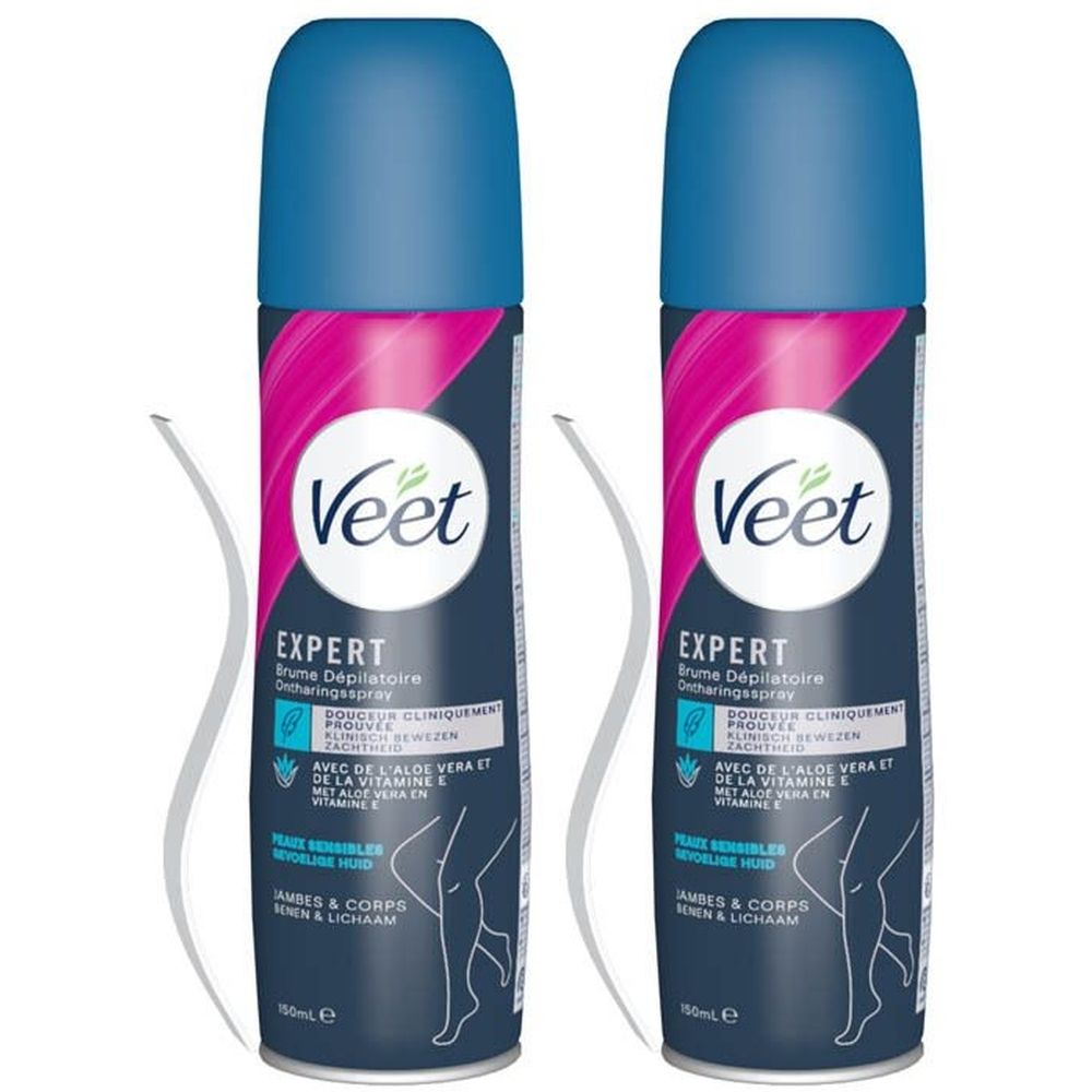 Deux flacons bleus de Veet Expert Brume Dépilatoire. Contient de l'aloe vera et de la vitamine E. Pour jambes et corps.