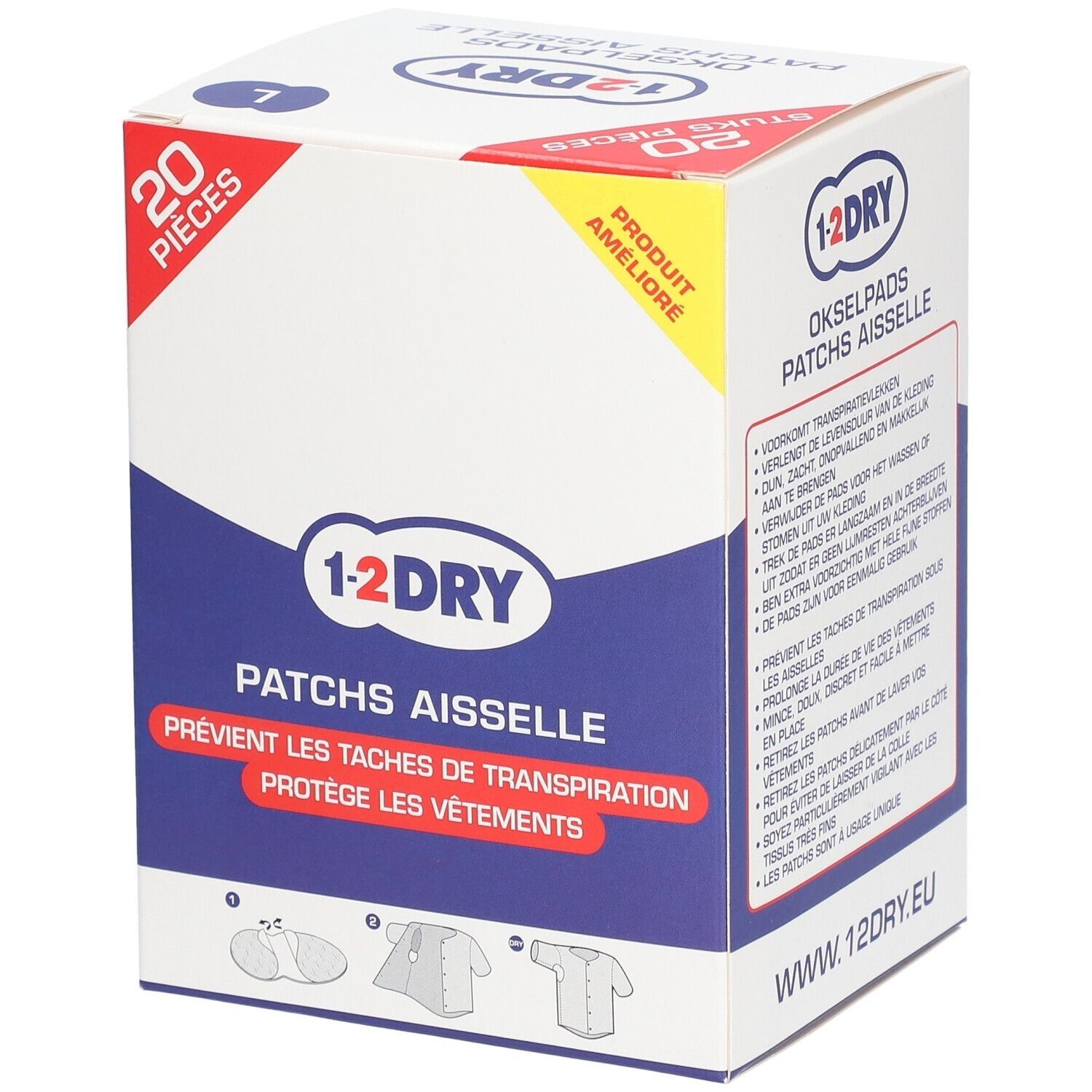 Doos met 20 okselpads. Opschrift: 1-2DRY, Patchs Aisselle. Voorkomt transpiratievlekken, beschermt kleding.