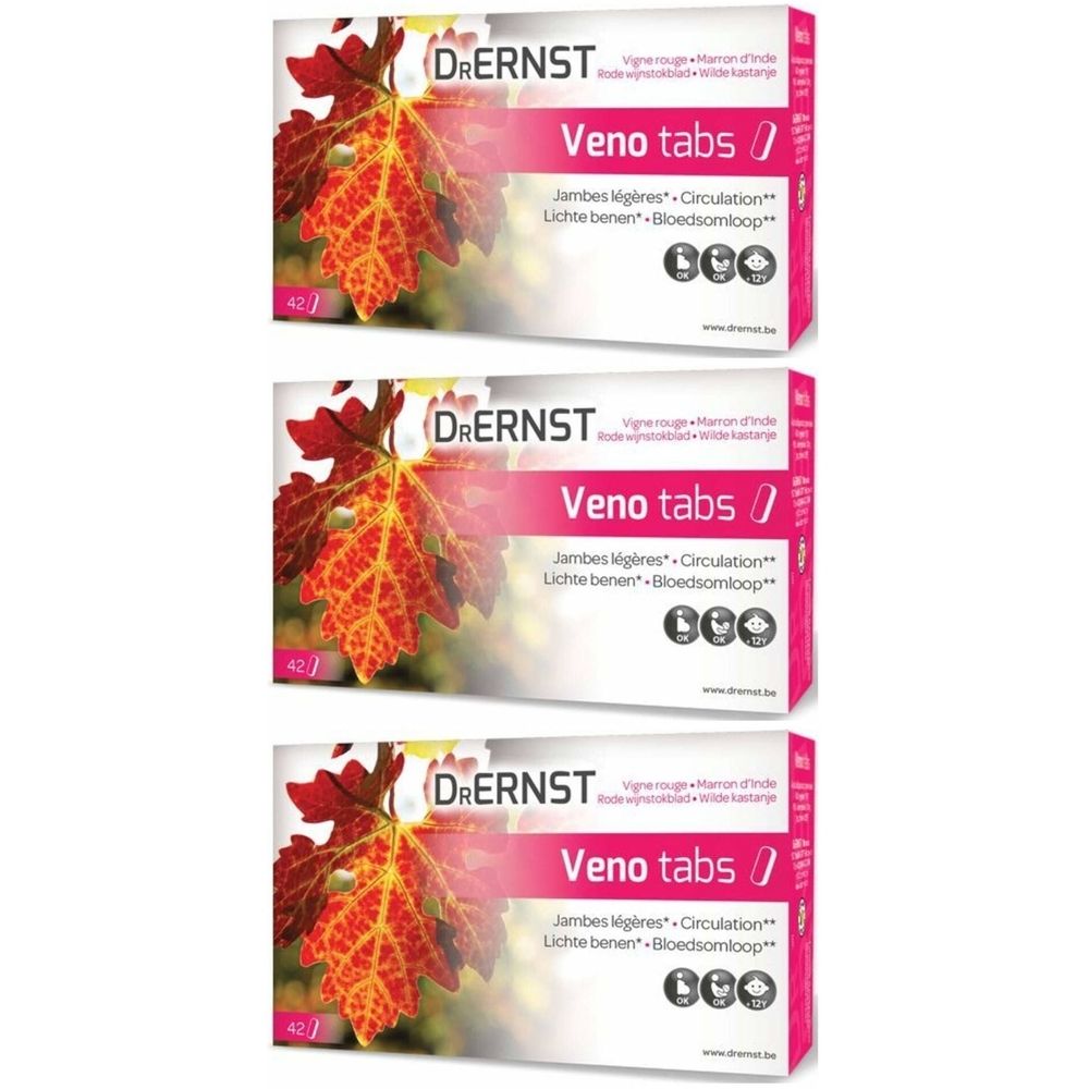 Drie dozen Dr. Ernst Veno tabs. Elke doos toont een rood wijnblad. Tekst: Veno tabs, Jambes légères, Circulation.