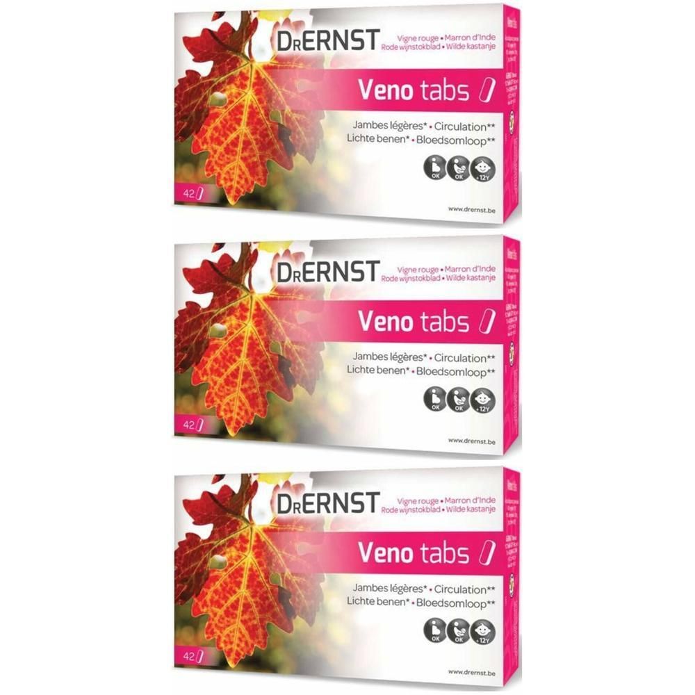 Drie dozen Dr. Ernst Venotabs. Elke doos toont een rood wijnblad. Tekst: Veno tabs, Jambes légères, Circulation.