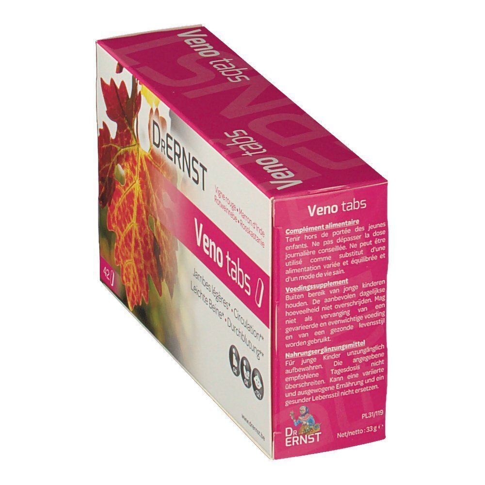 Doos van Dr. Ernst Venotabs. De doos toont een rood wijnblad. Tekst: Veno tabs, Jambes légères, Circulation. Met tekst in het Frans.