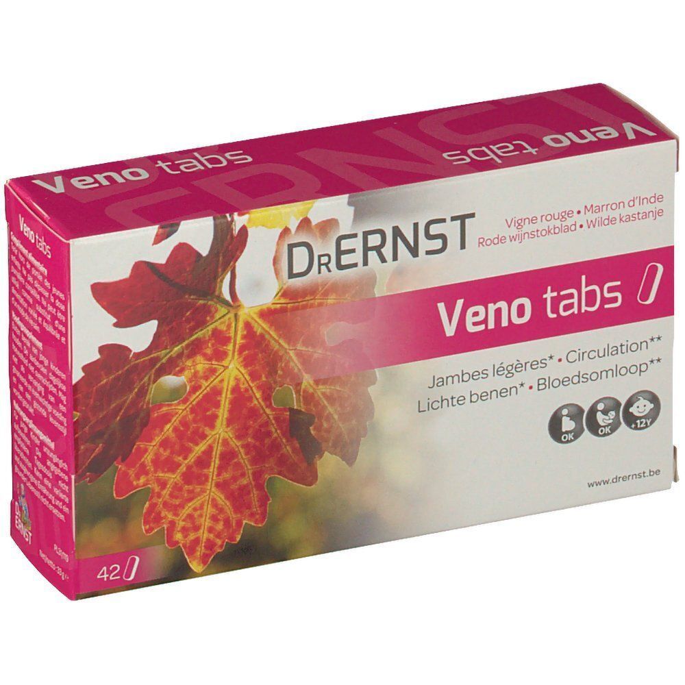 Doos van Dr. Ernst Venotabs. De doos toont een rood wijnblad. Tekst: Veno tabs, Jambes légères, Circulation.