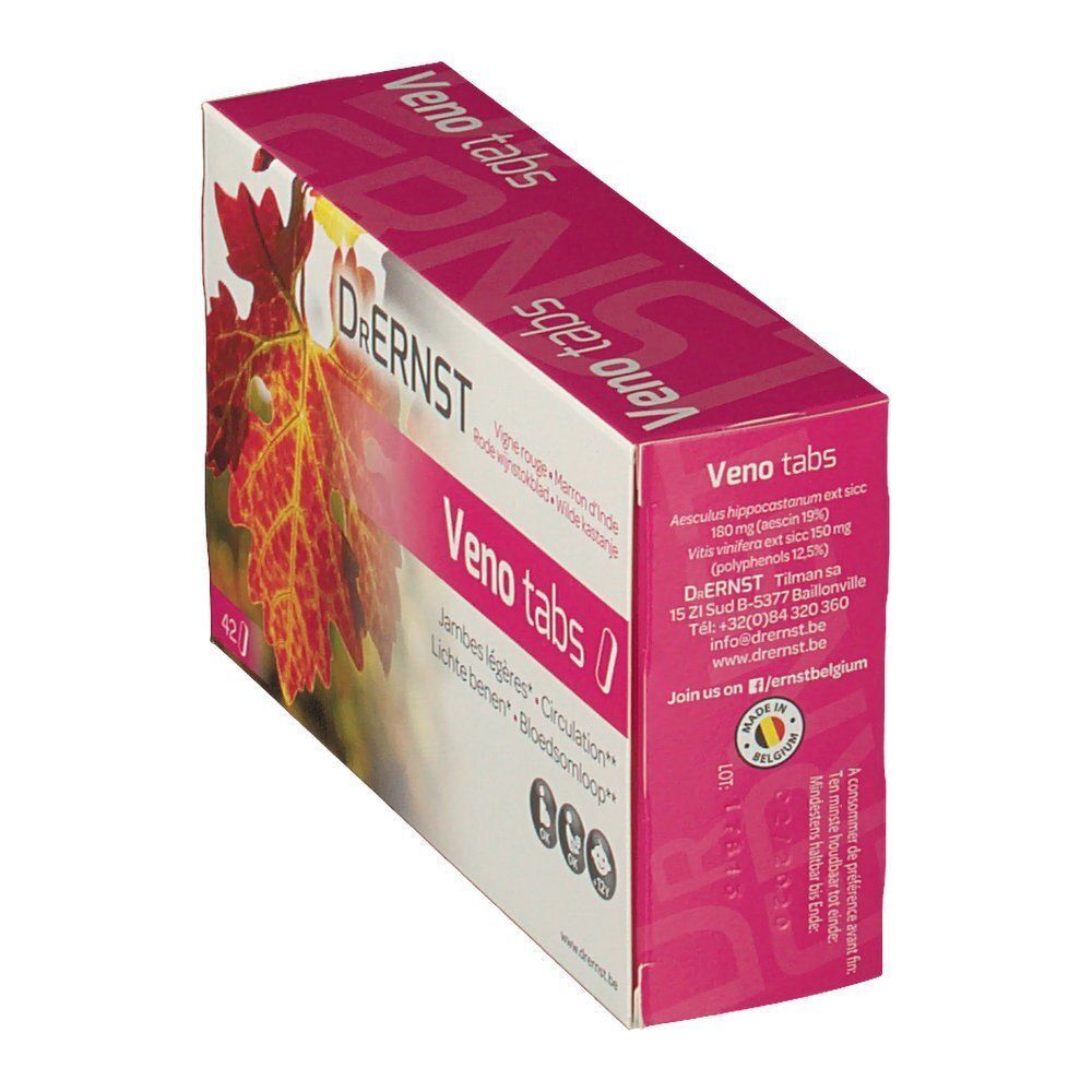 Doos van Dr. Ernst Venotabs. De doos toont een rood wijnblad. Tekst: Veno tabs, Jambes légères, Circulation. Met tekst in het Frans.