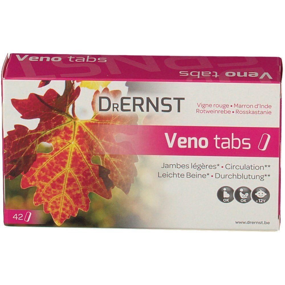 Doos van Dr. Ernst Venotabs. De doos toont een rood wijnblad. Tekst: Veno tabs, Jambes légères, Circulation.