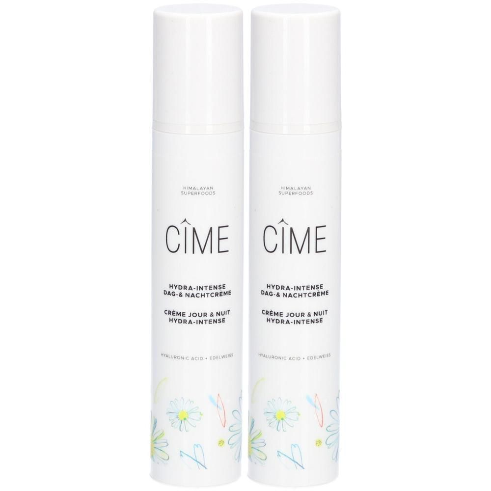 Deux flacons blancs avec logo Cîme et texte. Inscription: Hydra-Intense Crème Jour & Nuit. Décor floral.