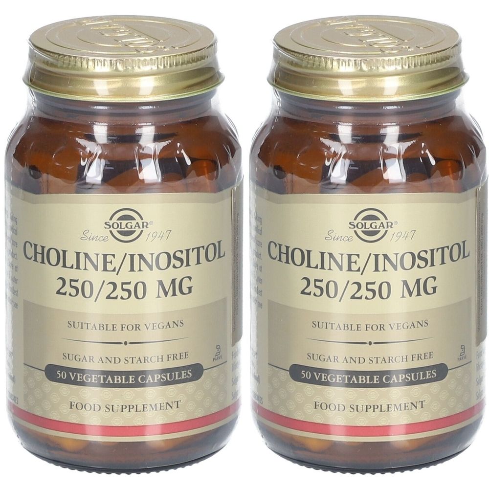 Twee bruine glazen flessen met gouden deksels. De etiketten tonen: Choline/Inositol 250/250 MG, geschikt voor veganisten, suiker- en zetmeelvrij, 50 capsules.