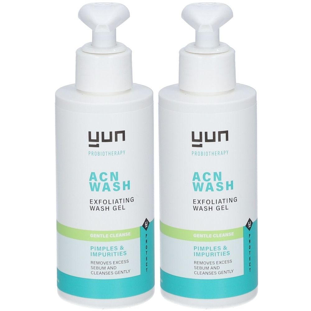 Deux flacons blancs avec pompe. Inscription: YUN, ACN WASH, EXFOLIATING WASH GEL. Élimine l'excès de sébum et nettoie en douceur.