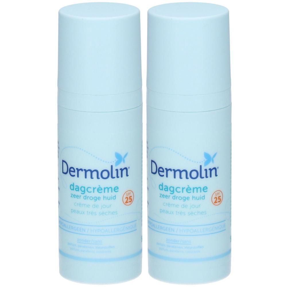 Twee blauwe Dermolin dagcrème tubes. Tekst: dagcrème, crème de jour, SPF 25. Voor zeer droge huid.