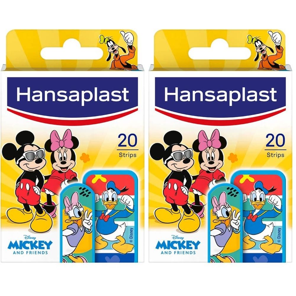 Twee dozen pleisters. Opschrift Hansaplast, Mickey Mouse en vrienden. 20 strips. Gele ophanging met Goofy.