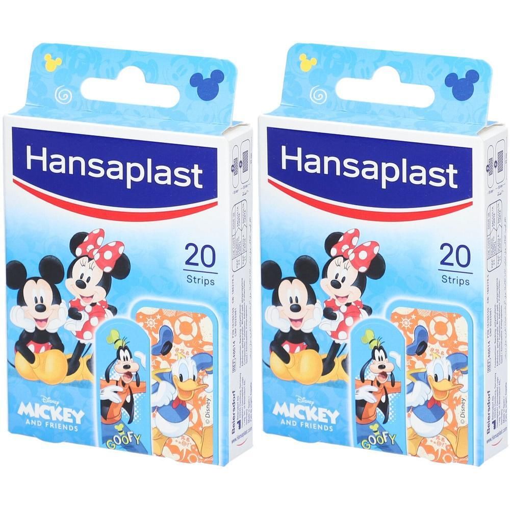 Deux boîtes de pansements Hansaplast Mickey & Friends. Chaque boîte contient 20 strips. Mickey, Minnie, Dingo et Donald sur le devant.