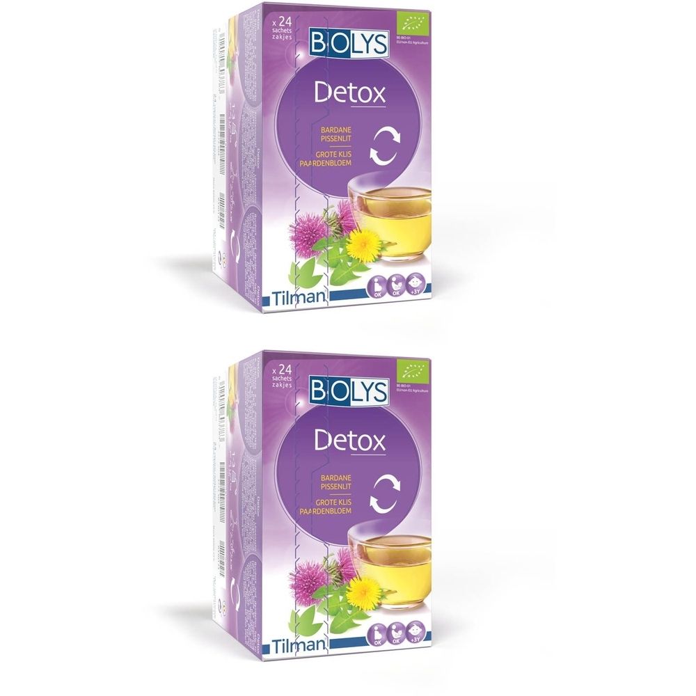 Deux boîtes de thé Biolys Detox. Emballage violet avec logo, texte et image d'une tasse de thé. Label bio.