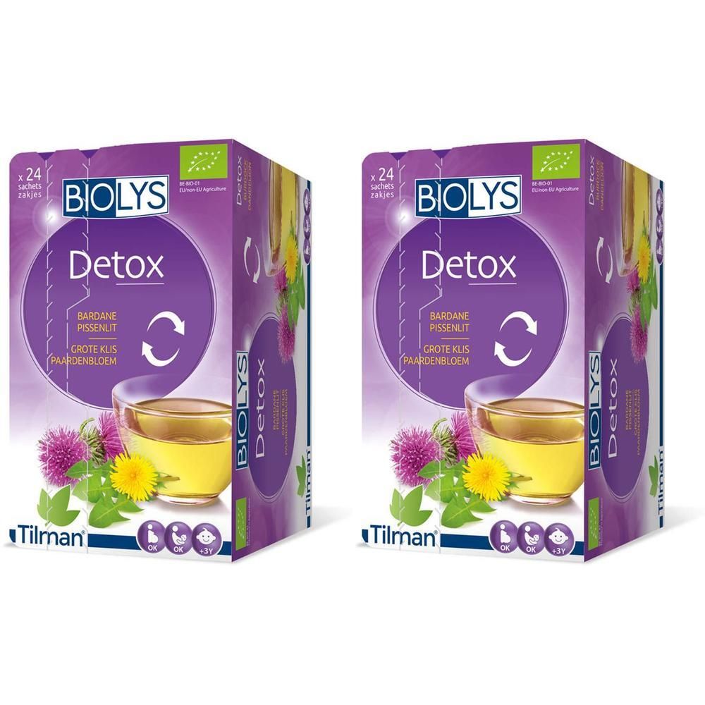 Twee BIOLYS Detox verpakkingen. Paarse verpakking met productnaam en afbeelding van een kopje thee. Bio-label.