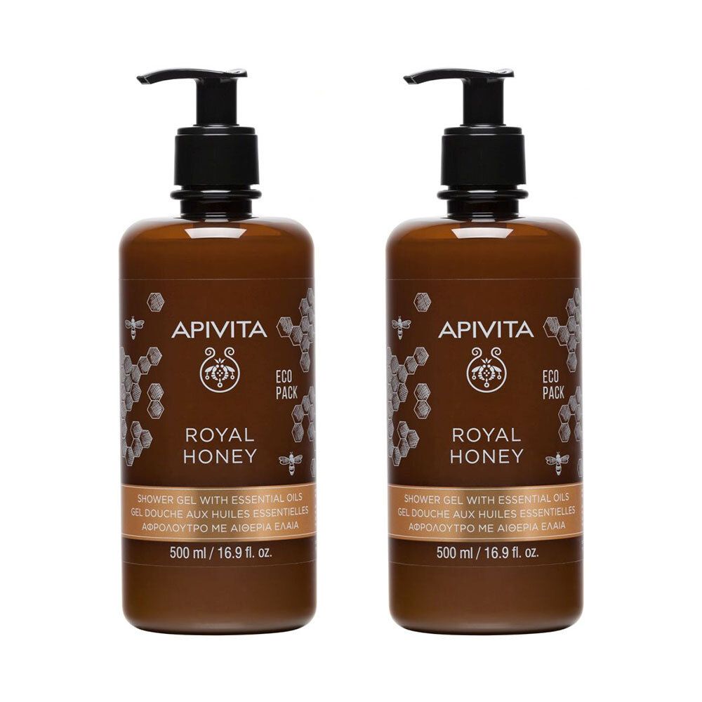 Twee bruine flessen met zwarte pomp. Opschrift: APIVITA Royal Honey. Douchegel met essentiële oliën. 500 ml.