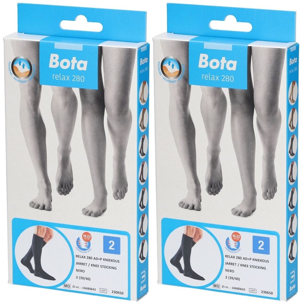 Deux boîtes de bas genou. Inscription : Bota relax 280. Taille 2, couleur noire. Illustration de jambes et de bas.