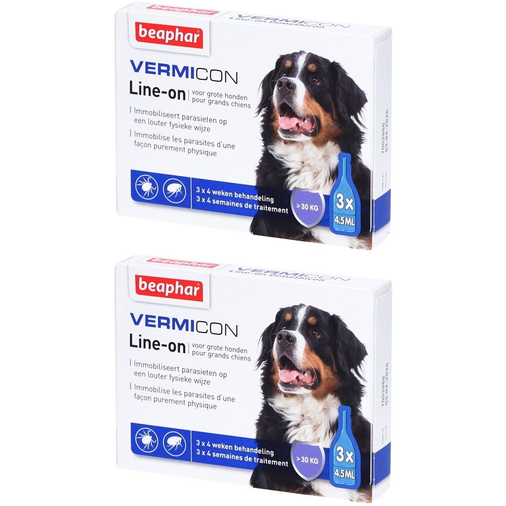 Twee Beaphar Vermicon Line-On verpakkingen. Op elke verpakking een hond, blauwe fles en tekst. 3x4 weken behandeling.