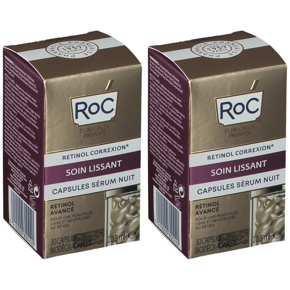 Twee dozen RoC Retinol Correxion nachtserum capsules. Gouden verpakking met paarse accenten en productnaam.