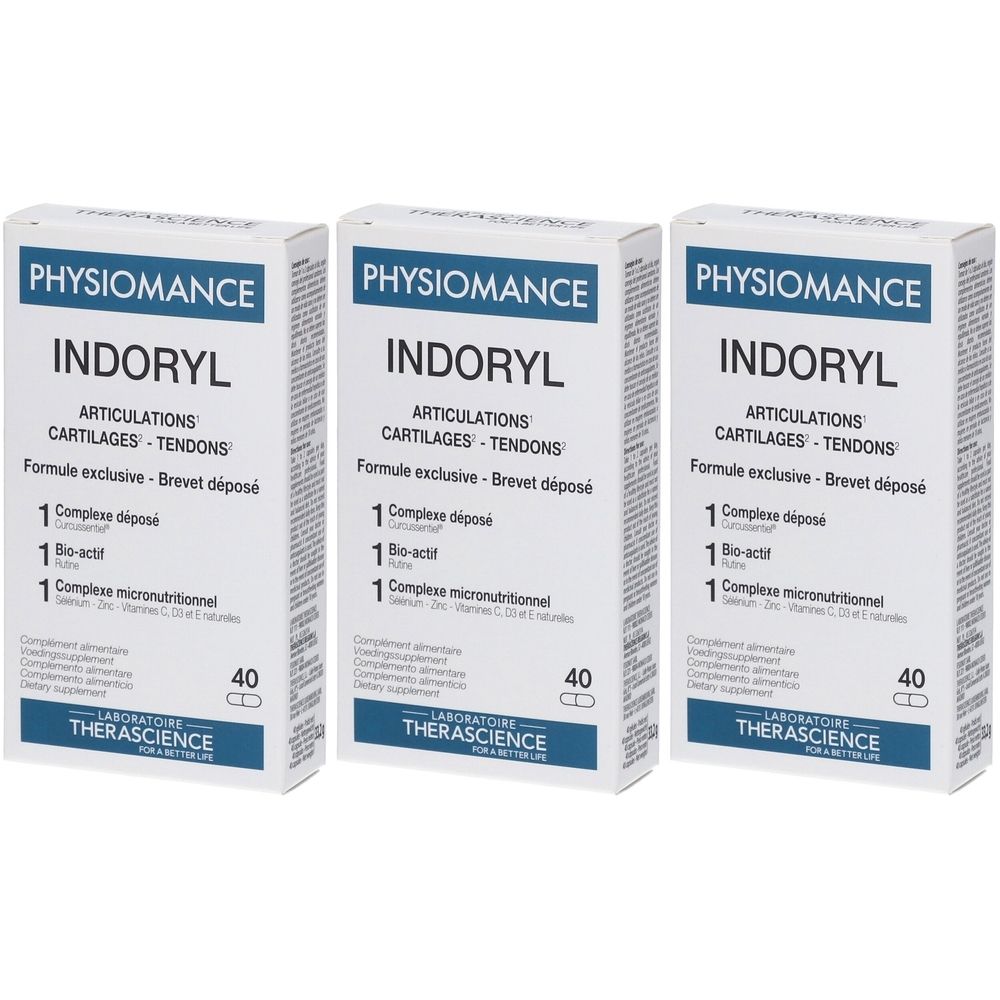 Drie dozen PHYSIOMANCE Indoryl. Opschrift: ARTICULATIONS CARTILAGES TENDONS. Bevat 40 capsules.
