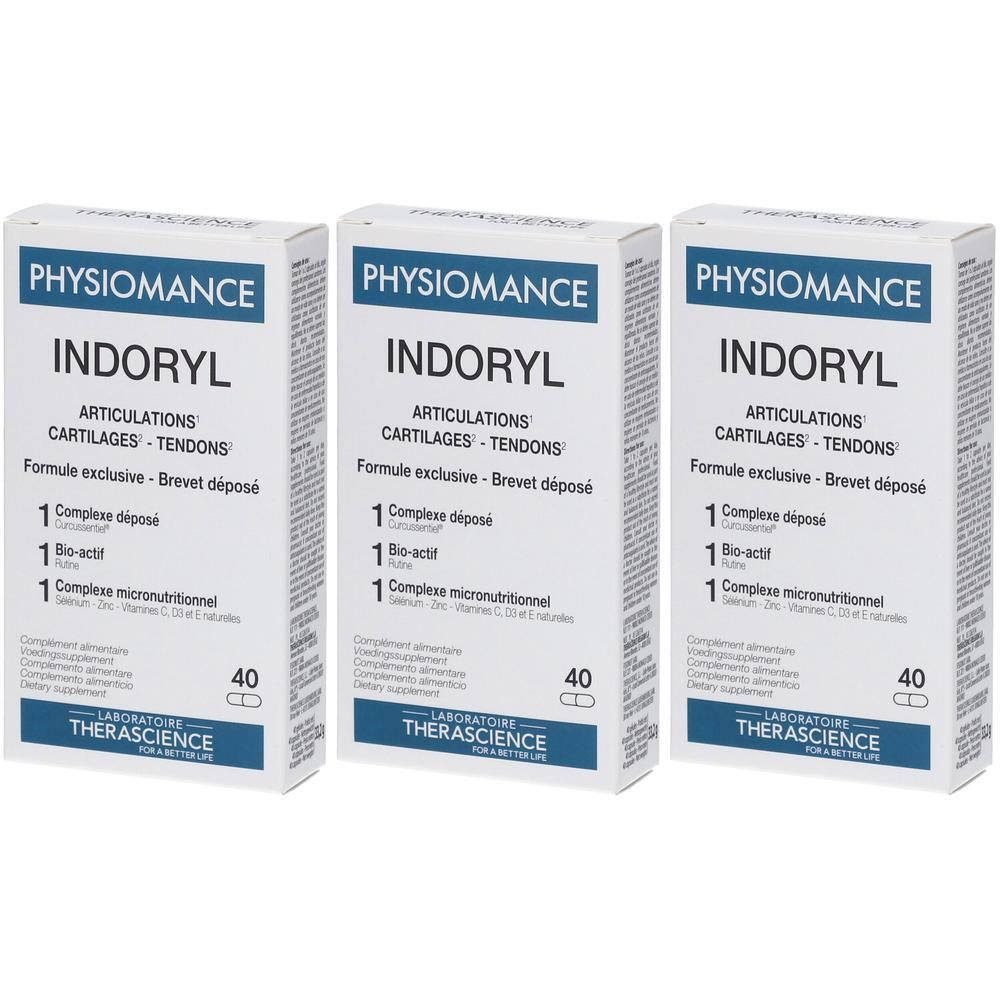 Drie dozen PHYSIOMANCE Indoryl. Witte verpakking met blauwe en zwarte tekst. Bevat 40 capsules. Merk en productnaam duidelijk zichtbaar.