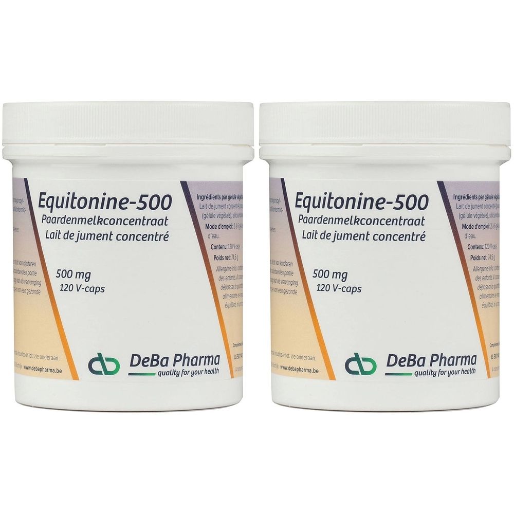 Twee witte potten met de tekst "Equitonine-500". Opschrift: Paardenmelkconcentraat, Lait de jument concentré, 500 mg, 120 V-caps. Logo DeBa Pharma.