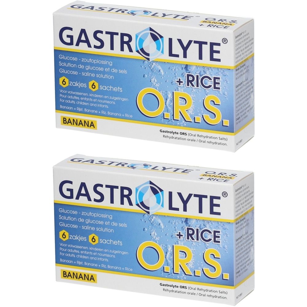 Deux boîtes de Gastrolyte O.R.S. Banane & Riz. Inscription : Solution de glucose et de sels, 6 sachets. Éléments bleus et jaunes.