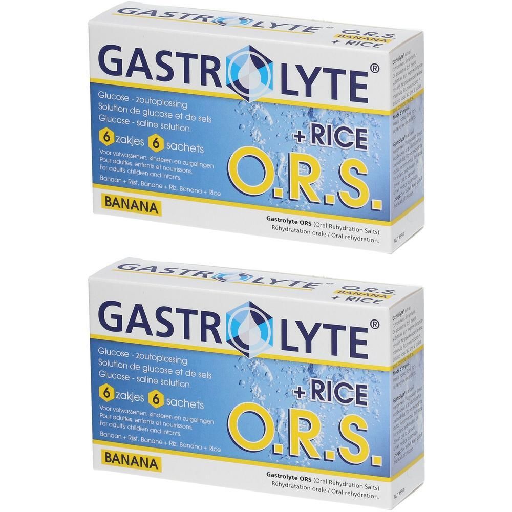 Twee dozen Gastrolyte + Rice O.R.S. met bananensmaak. Opschrift: Glucose, 6 zakjes.