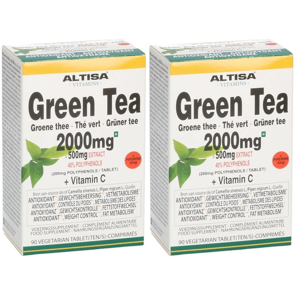 Twee dozen ALTISA Green Tea 2000mg. Witte dozen met groene tekst en bladeren. Bevat vitamine C.