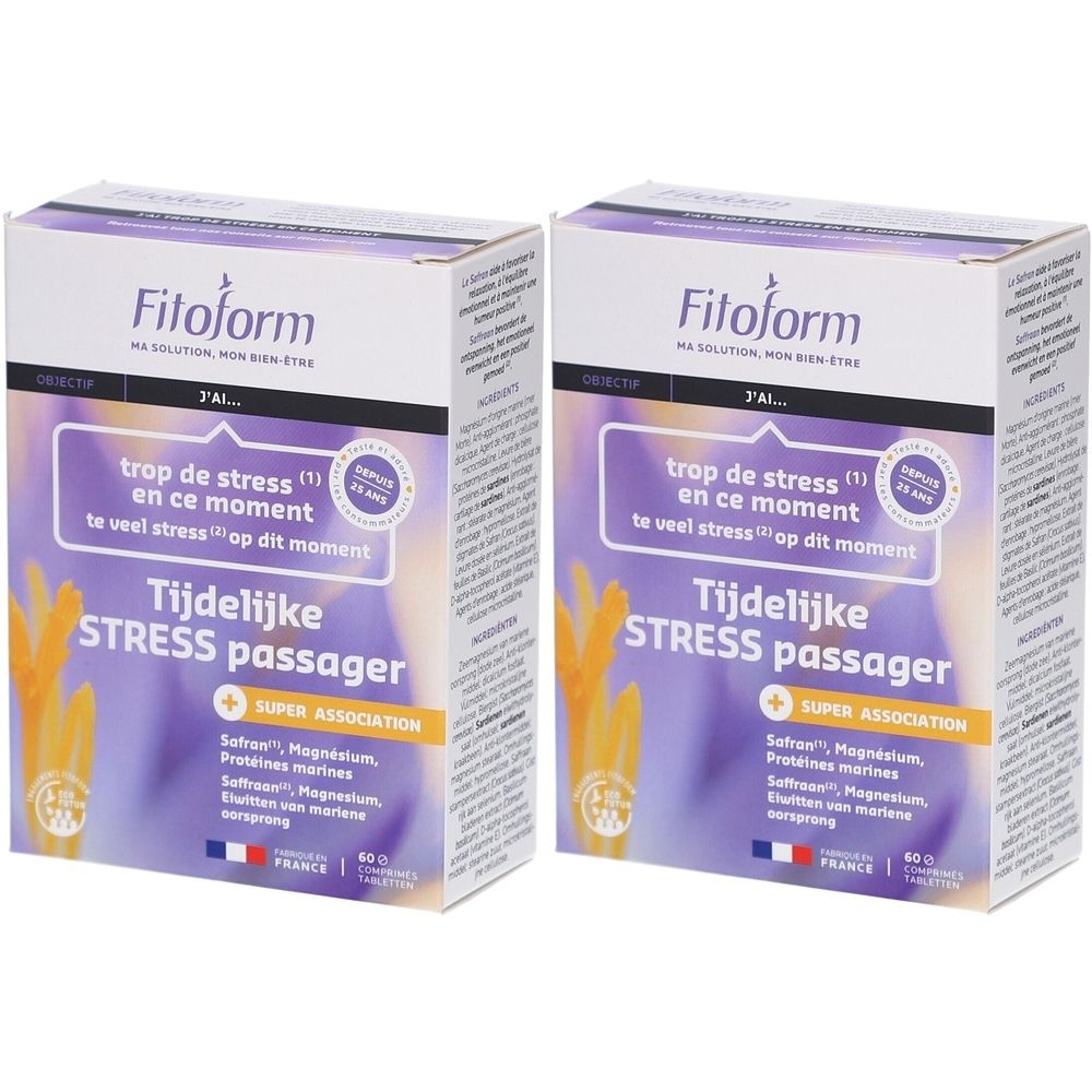 Twee dozen Fitoform, paars-wit. Opschrift: « Tijdelijke Stress Passager ». Bevat saffraan, magnesium, eiwitten. Gemaakt in Frankrijk.