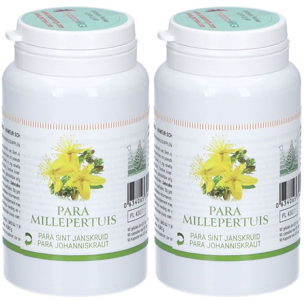 Twee witte flessen met groene deksels. Opschrift: PARA MILLEPERTUIS. Illustratie van gele bloemen. Tekst in het Nederlands en Duits.