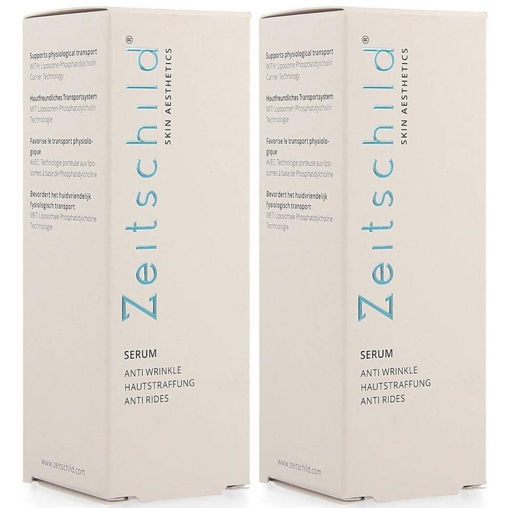 Twee rechthoekige dozen. Opschrift: Zeitschild Skin Aesthetics Serum anti-rimpel, huidversteviging, anti-rides. Lichtgrijze achtergrond.