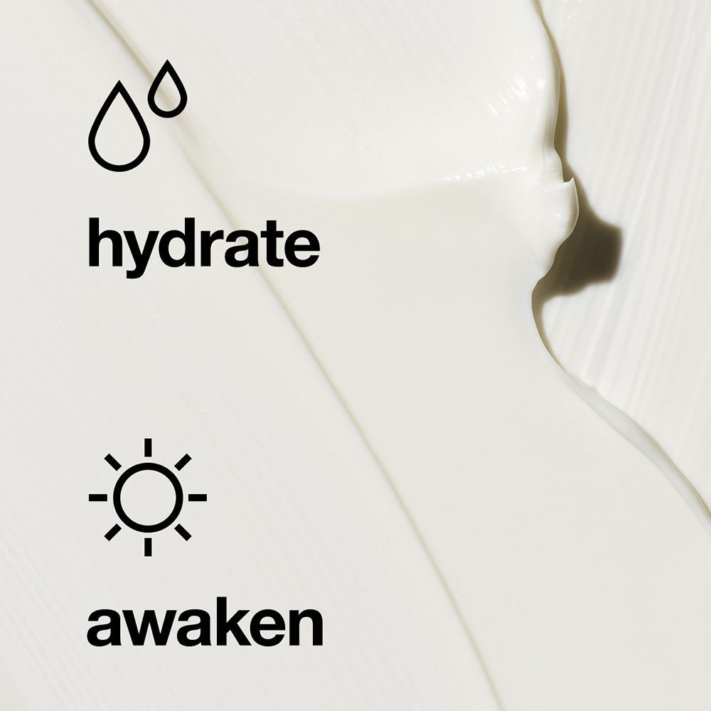 Wit product met druppel- en zonsymbolen. Tekst: hydrate, awaken.