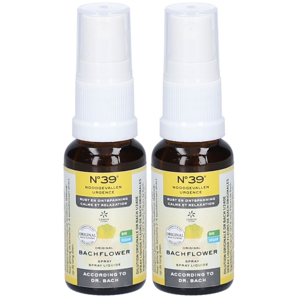 Twee sprayflacons. Bruine glazen flacons met witte spraykop. Geel etiket met tekst: N°39, Bach Flower, Bio.