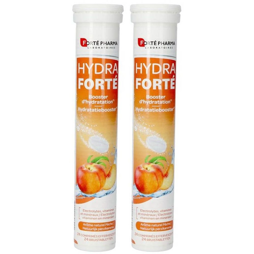 Twee cilindrische tubes Hydra Forté. Opschrift: Booster d'hydratation. Illustratie van perziken.