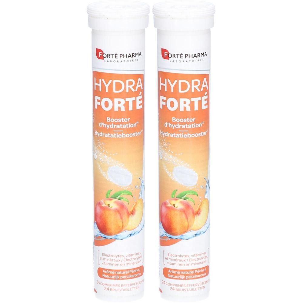Twee tubes Forté Pharma Hydra Forté. Opschrift Hydra Forté, afbeelding van perzik. Bevat bruistabletten.