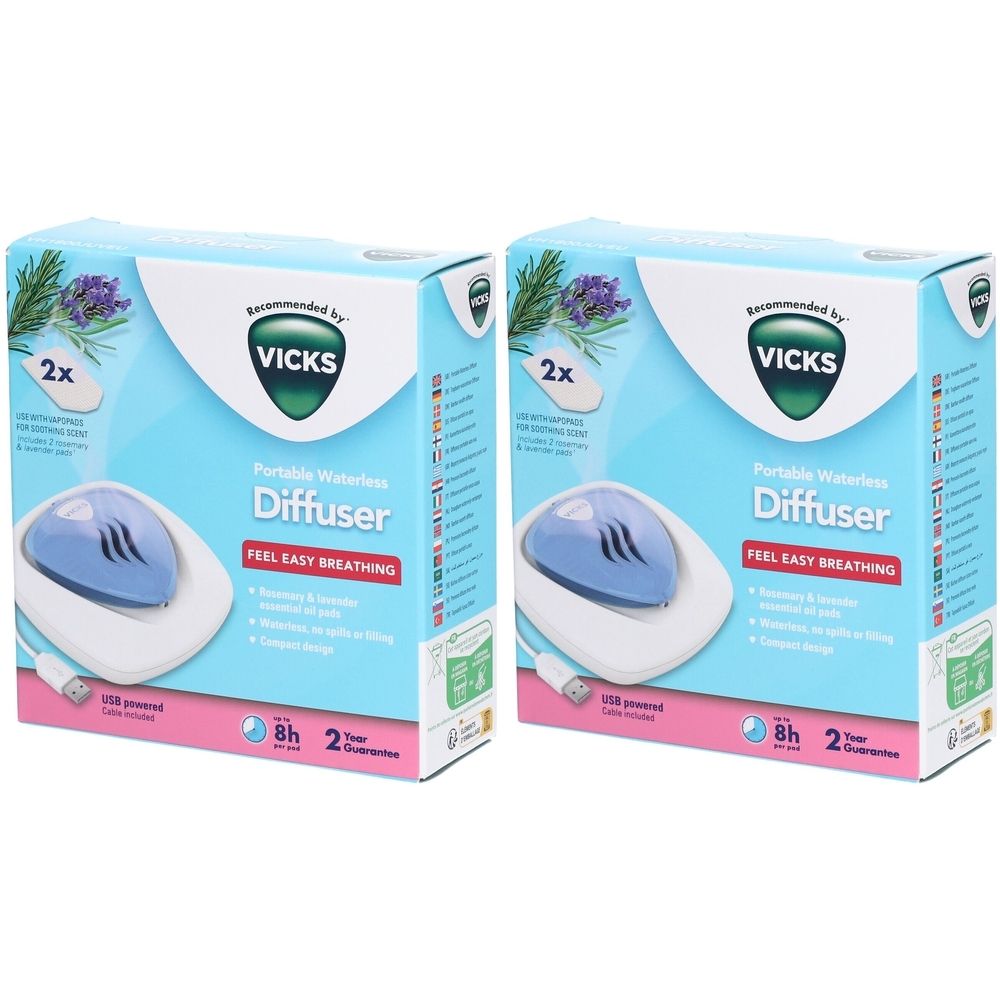 Deux boîtes de diffuseurs Vicks Portable sans eau. Appareils bleus et blancs avec câble USB. Inscription: FEEL EASY BREATHING.