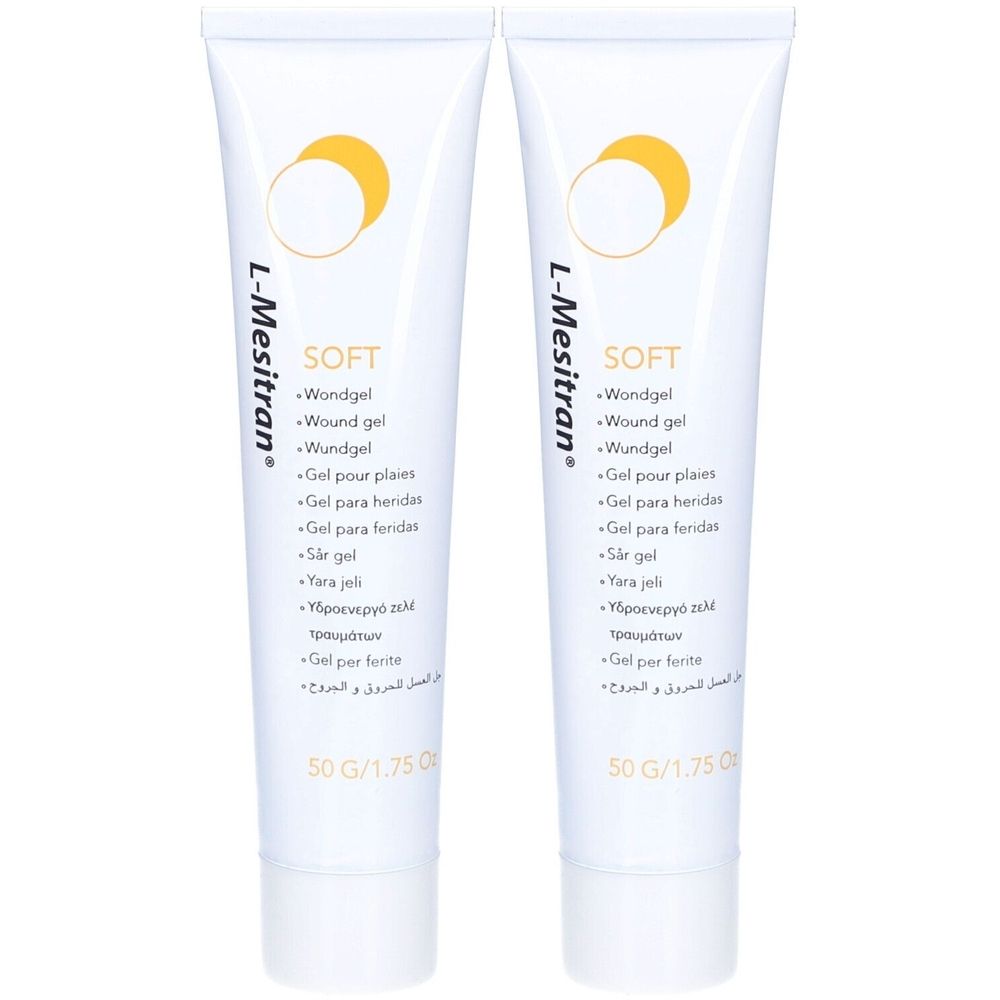 Deux tubes de L-Mesitran Soft Gel. Tubes blancs avec logo jaune et noms de produits en plusieurs langues.