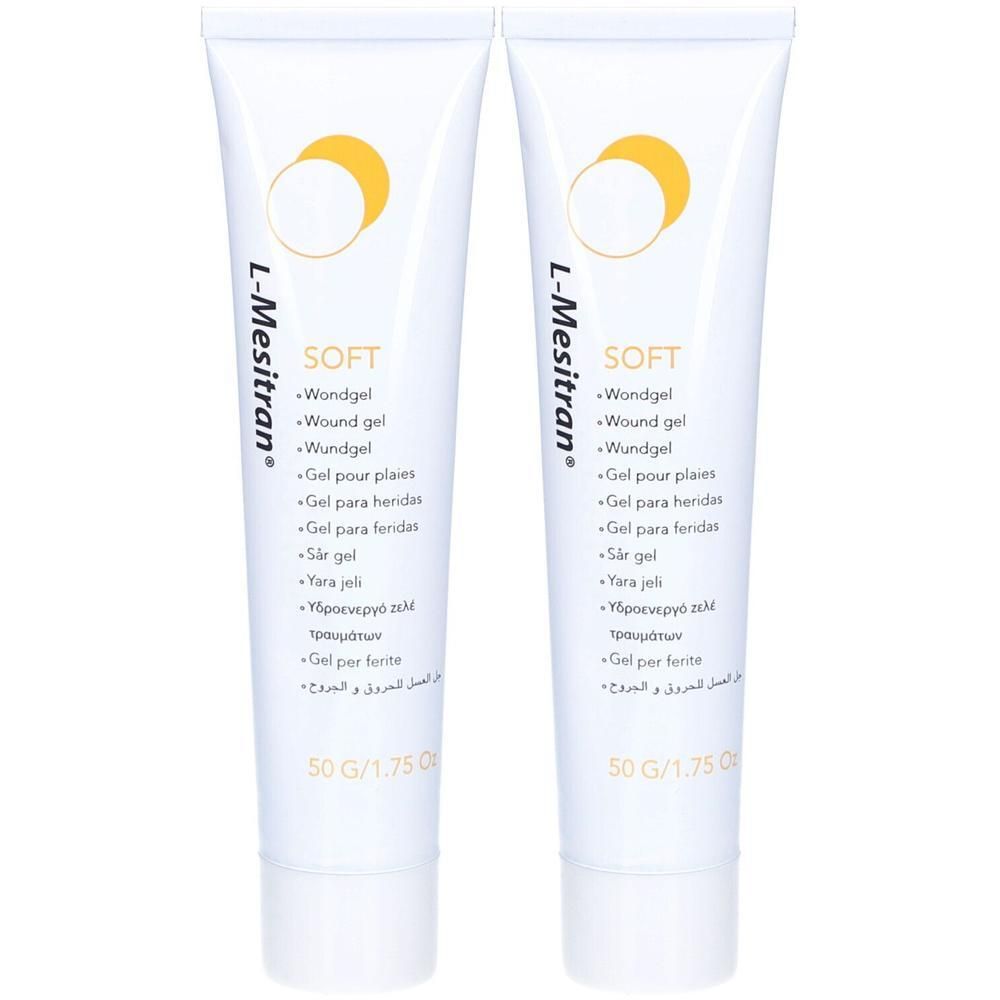 Deux tubes de L-Mesitran Soft Gel. Tubes blancs avec cercles jaunes et désignations de produits. 50g.