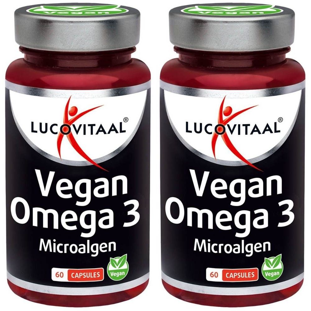Twee flessen met capsules. Opschrift: Lucovitaal Vegan Omega 3 Microalgen. 60 capsules. Vegan-keurmerk.
