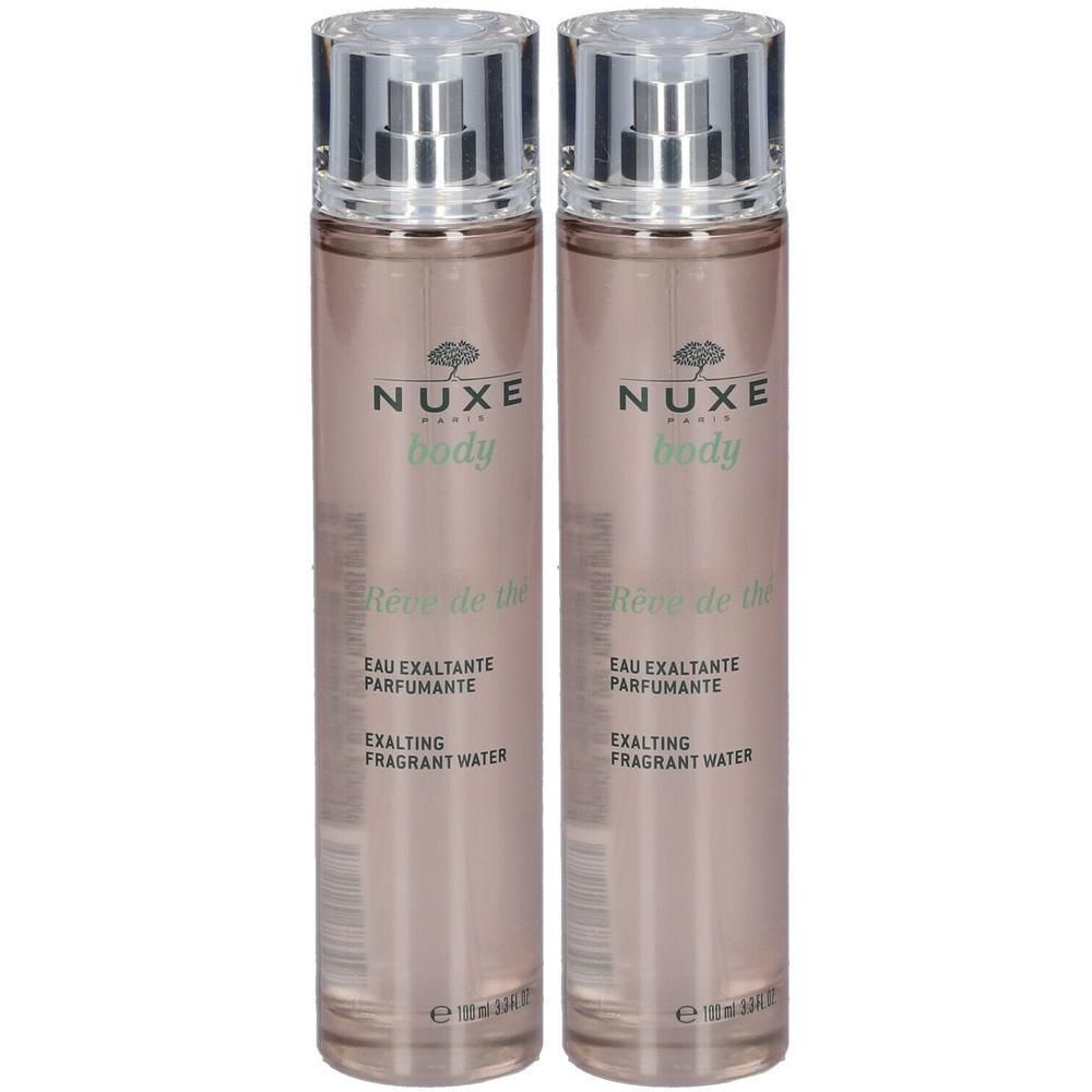 Twee flacons NUXE Body Rêve de thé, met zilveren verstuiver. Opschrift: Eau exaltante parfumante.