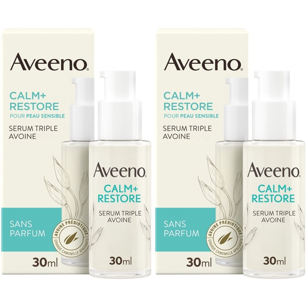 Sérum Aveeno Calm+Restore, flacon et emballage. Inscription: Sérum Triple Avoine, Sans Parfum, 30ml.