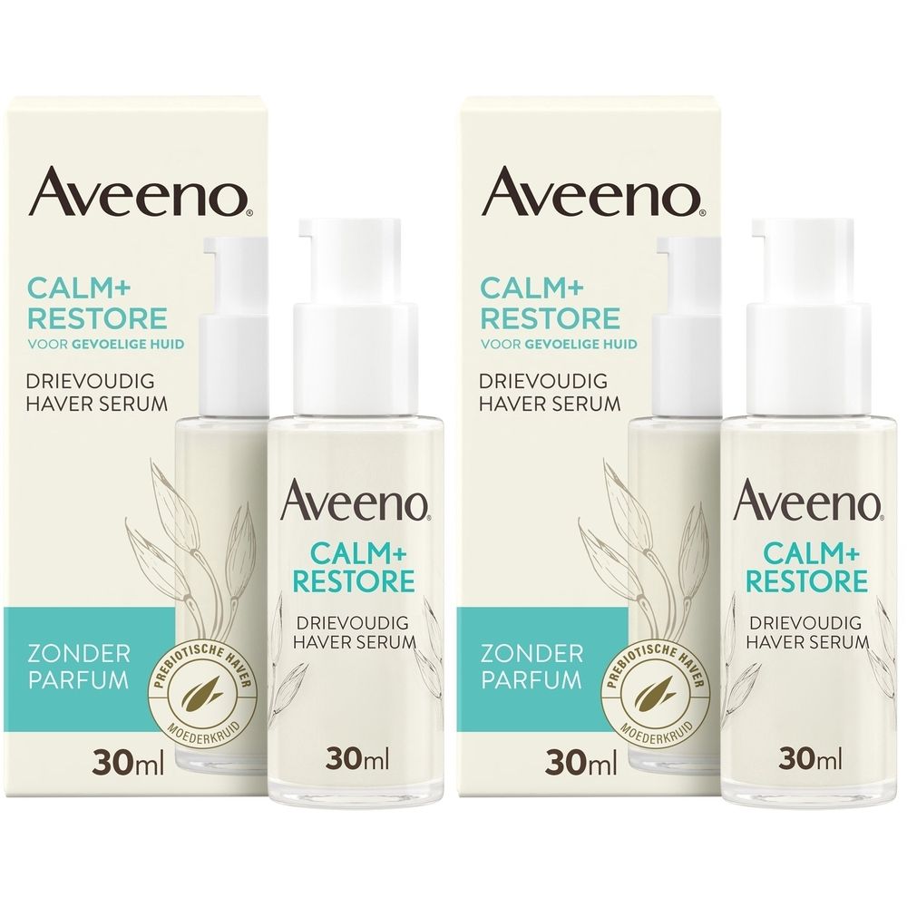 Aveeno Calm+Restore serum, fles en verpakking. Opschrift: Drievoudig Haver Serum, Zonder Parfum, 30ml.