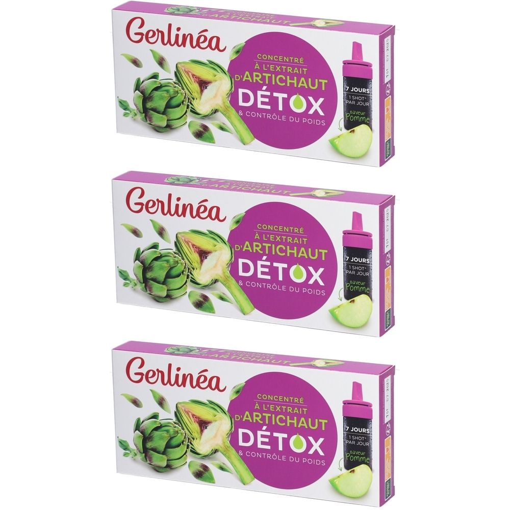 Drie dozen Gerlinéa Detox Shot. Op elke doos: artisjok, appel, productnaam en tekst.