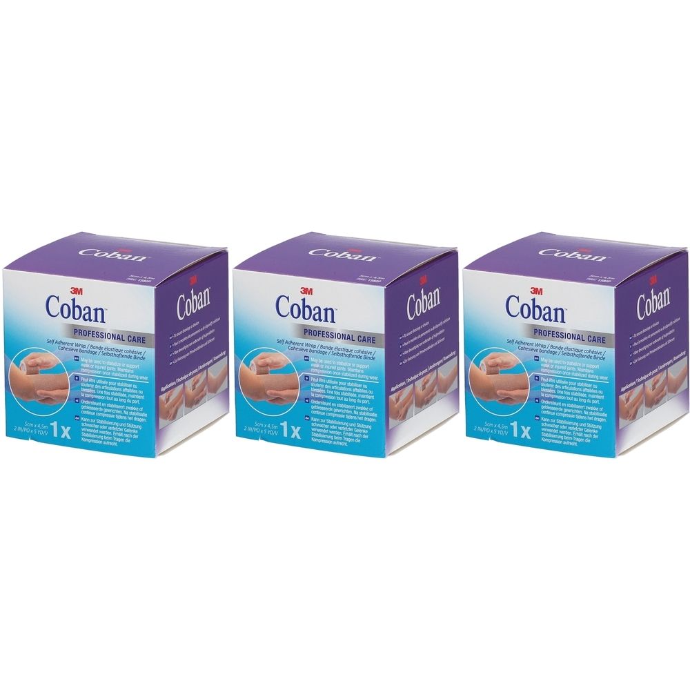 Drie vierkante dozen. Opschrift: Coban, 3M Professional Care. Illustratie van een hand met verband. 1x.