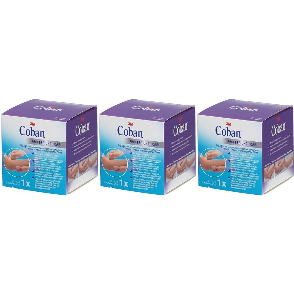 Drie vierkante dozen. Opschrift: Coban, 3M, afbeelding van een hand. 1x.