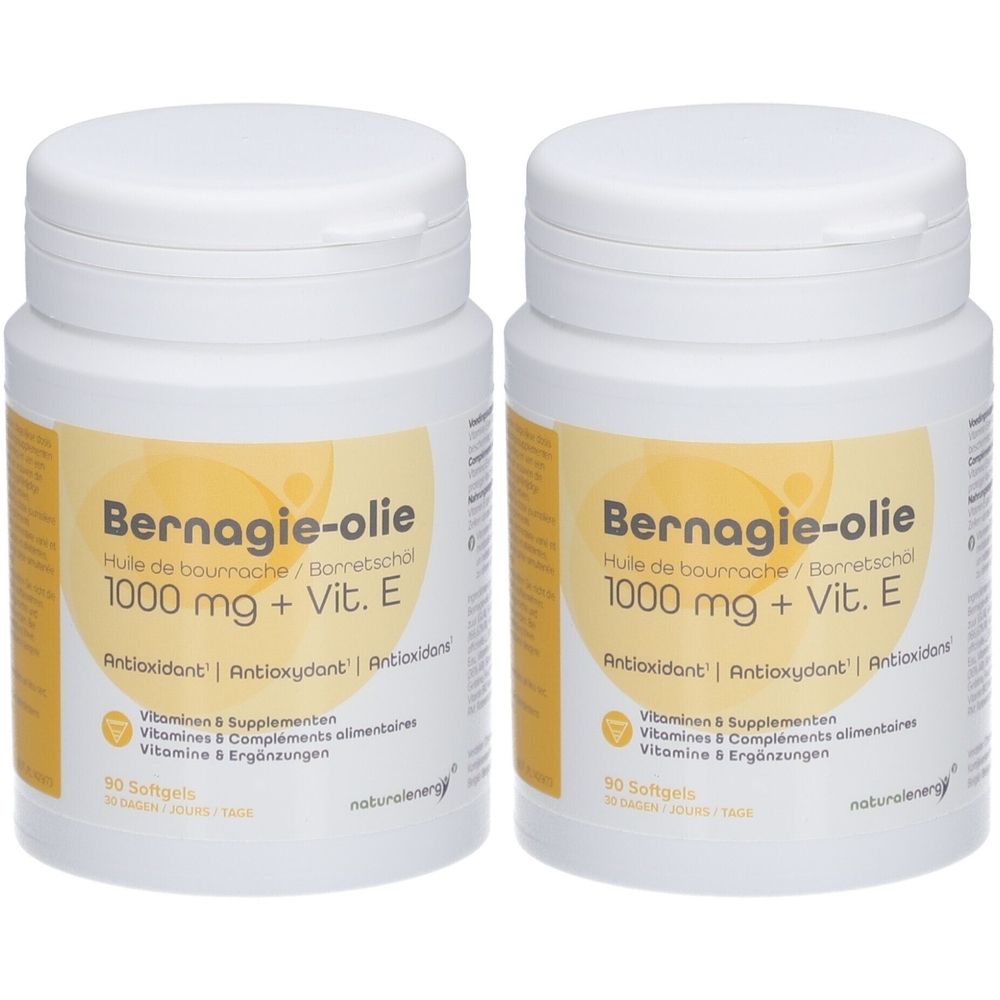 Twee witte potten met gele etiketten. Opschrift: Bernagie-olie, 1000 mg + Vit. E. Antioxidant. 90 softgels. Merk: naturalenergy.