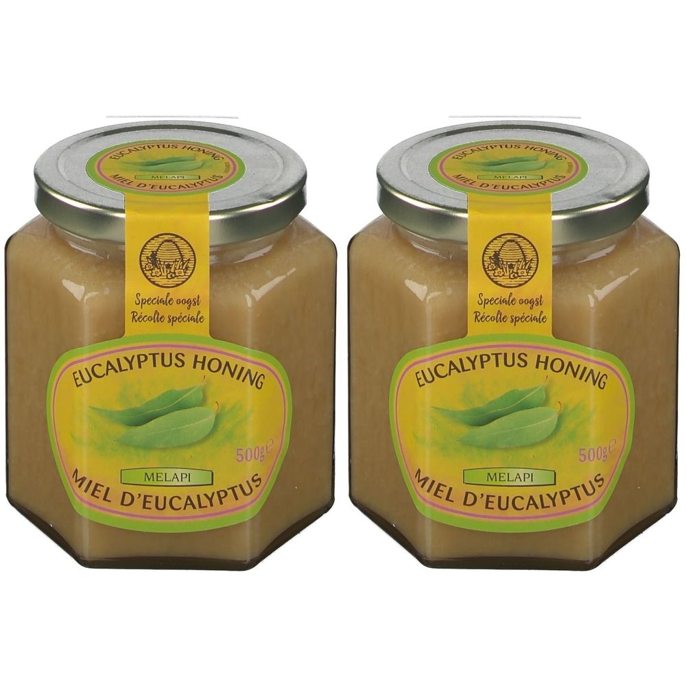 Deux pots de miel. Inscription: Eucalyptus Honing, Miel d'Eucalyptus, Melapi. Étiquette avec feuilles et sceau jaune.