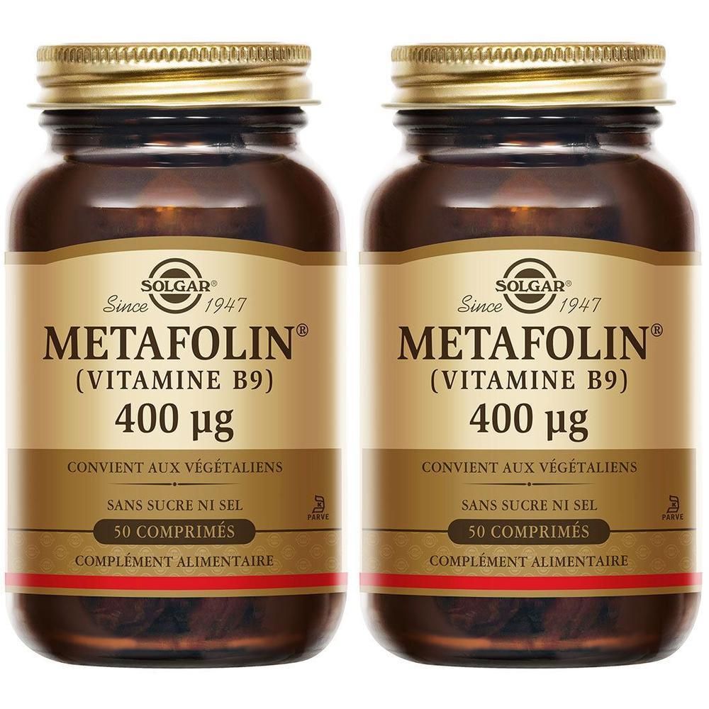 Deux flacons en verre brun avec couvercle doré. Étiquette METAfolin (VITAMINE B9) 400 µg. 50 comprimés.