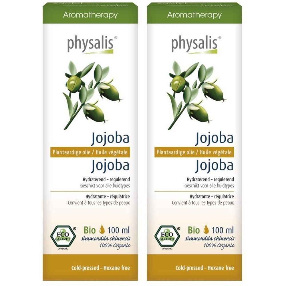 Twee flessen met etiket. Opschrift: Physalis Jojoba. Met Bio-label en plantenafbeelding. Tekst in het Duits, Frans en Nederlands.