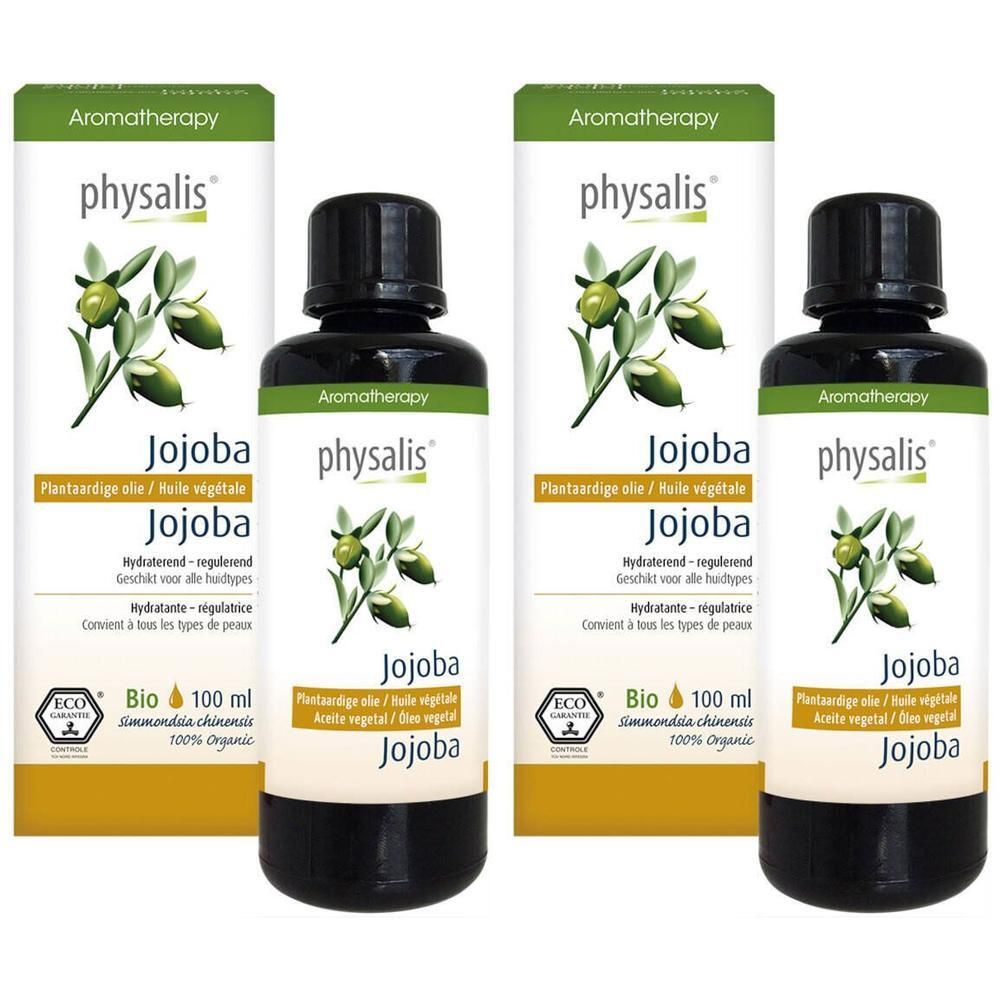 Deux flacons d'huile de Jojoba avec emballage. Bouchon noir, étiquettes vertes avec illustration végétale et texte. Certification Bio.